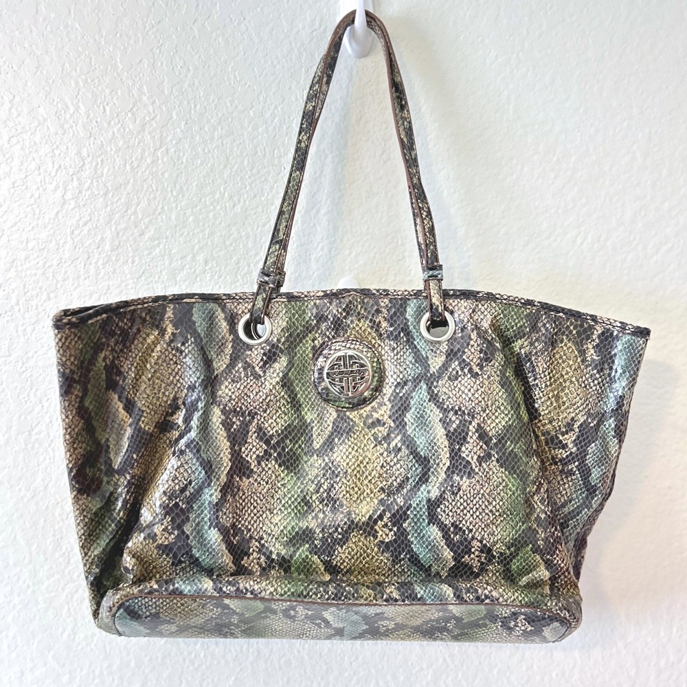 Kate Landry Green Snakeskin Print Tote Bagβ Silver Logo Medallion Faux Leather